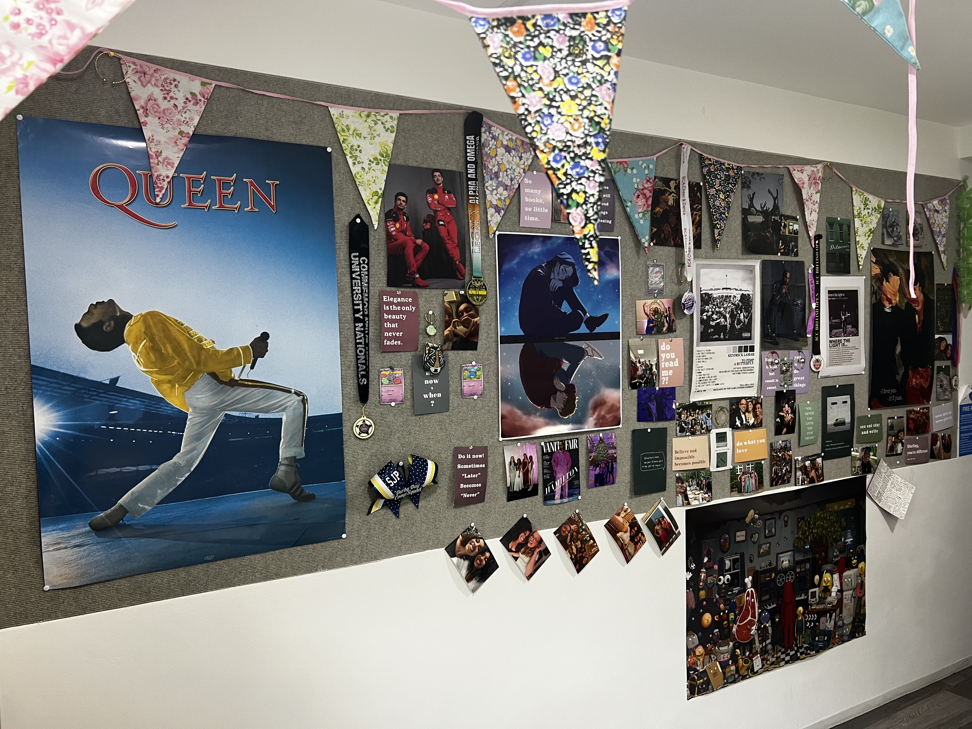 A display of posters of bands along with a collection of photos and small memorabilia pinned on a wall.