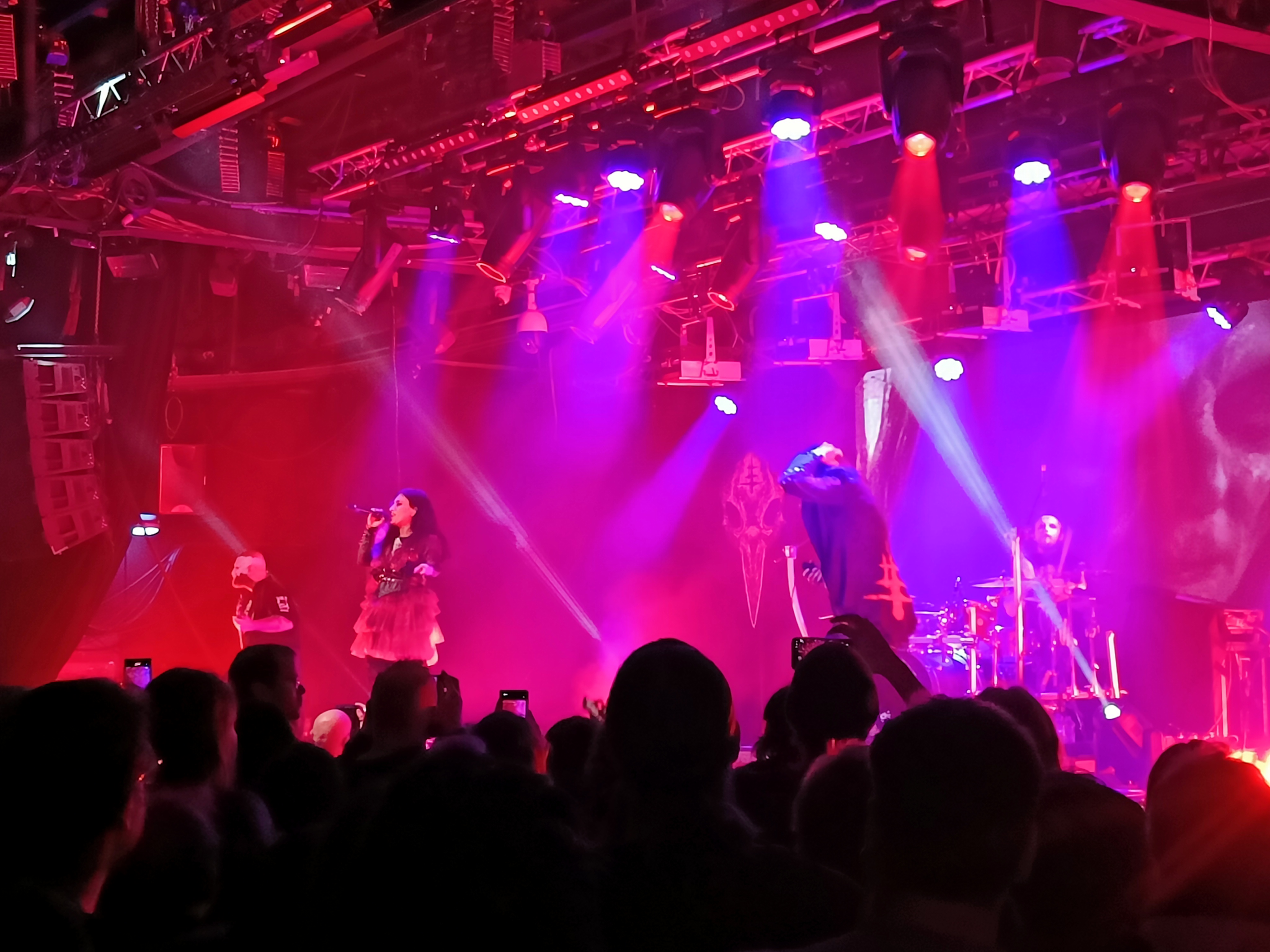 image of band performing with pink and purple spotlights. taken from the crowd perspective.