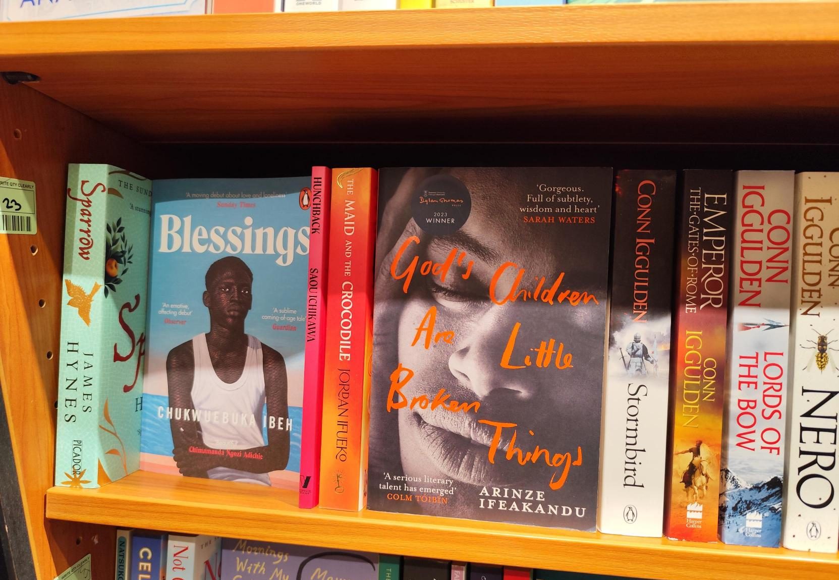 Image of a bookshelf, with Black Literature books spread across it. The book covers are colourful, with some with their covers displayed and some with their spines displayed.