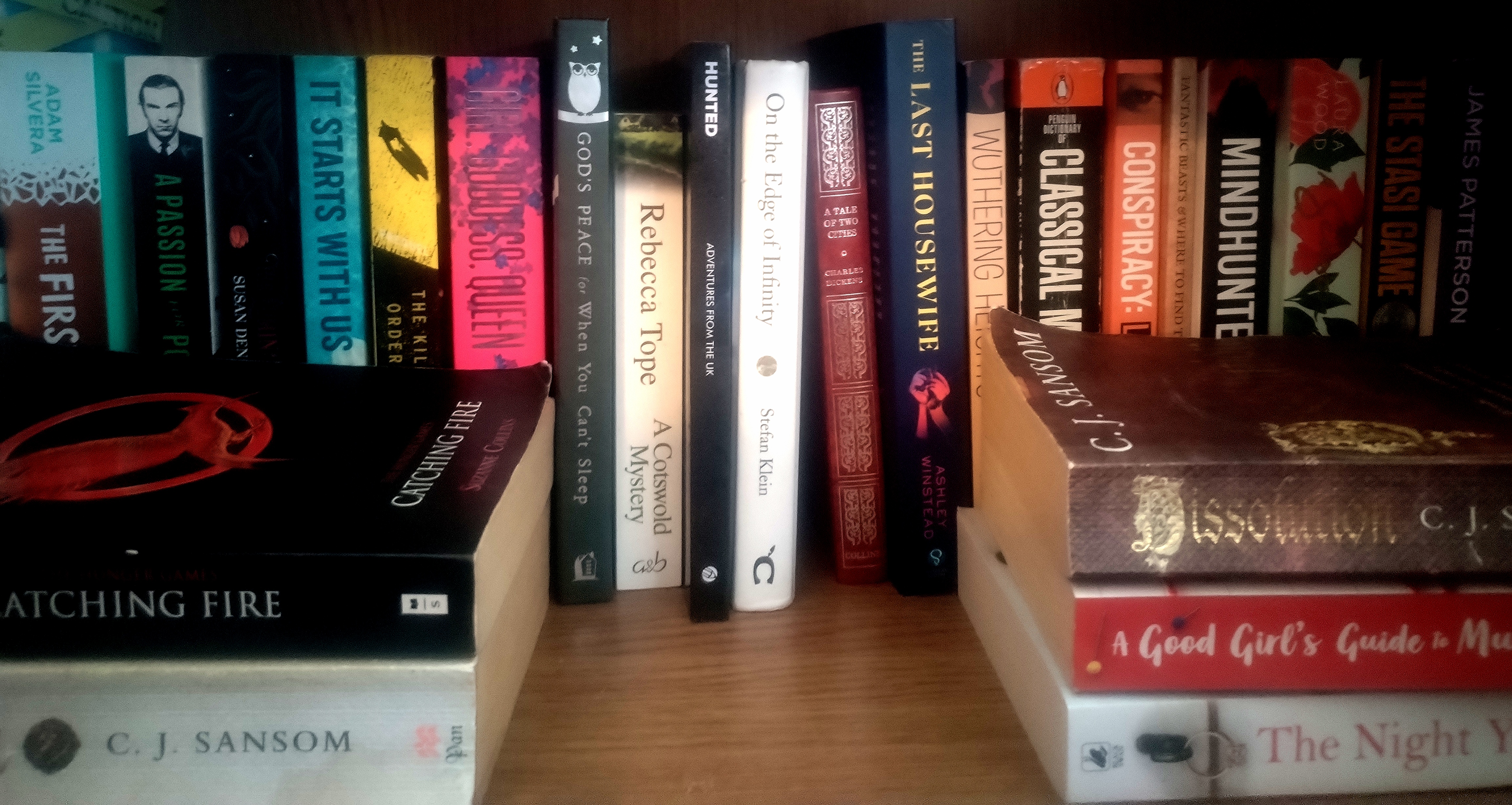 close up forward focusing image of books lined up on shelf