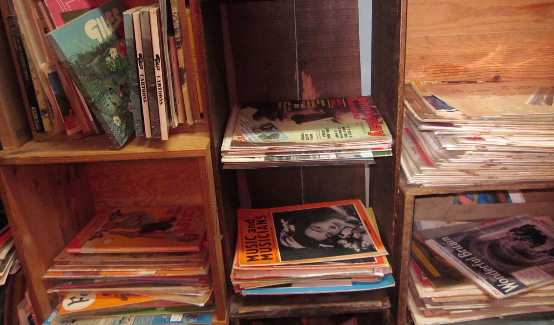 several books, magazines on wooden book shelf