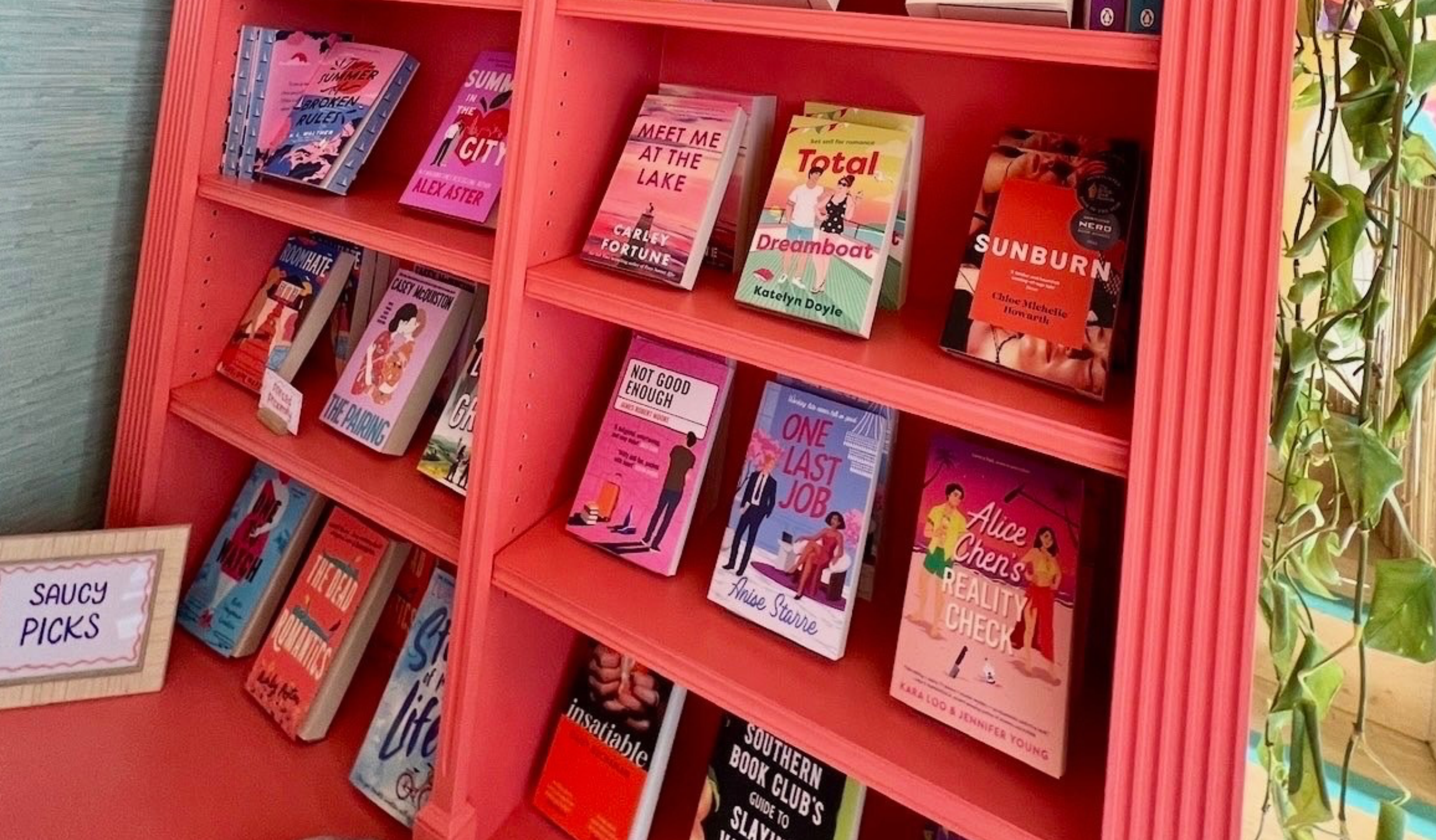 A bookshelf of romance novels
